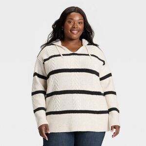 Ava & Viv - Women's Cozy Cable Hooded Tunic Sweater - Ava & Vi Cream